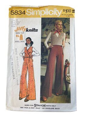Vintage 70s Simplicity 5834 Sewing Pattern Size 10 Jiffy Knit Wrap Vest Pant CUT